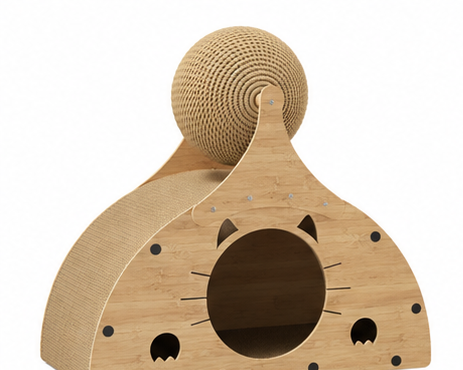 Wooden Cat Scratcher House with Scratch Ramp & Interactive Ball Toy for Indoor Cats