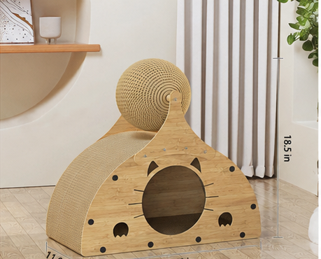 Wooden Cat Scratcher House with Scratch Ramp & Interactive Ball Toy for Indoor Cats