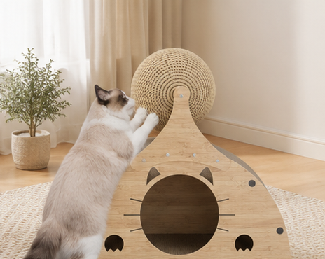 Wooden Cat Scratcher House with Scratch Ramp & Interactive Ball Toy for Indoor Cats