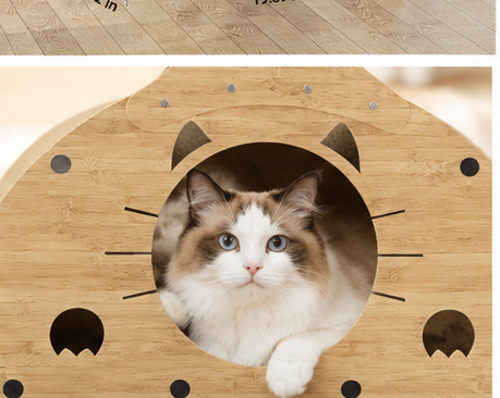 Wooden Cat Scratcher House with Scratch Ramp & Interactive Ball Toy for Indoor Cats