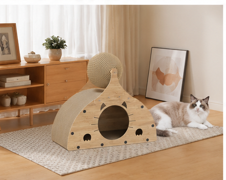 Wooden Cat Scratcher House with Scratch Ramp & Interactive Ball Toy for Indoor Cats
