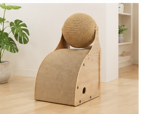 Wooden Cat Scratcher House with Scratch Ramp & Interactive Ball Toy for Indoor Cats