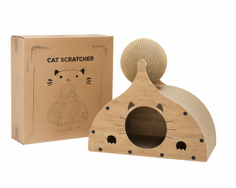 Wooden Cat Scratcher House with Scratch Ramp & Interactive Ball Toy for Indoor Cats